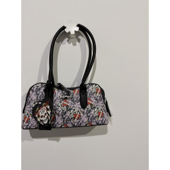 NEW Ed Hardy Tattoo Skull & Dagger Shoulder Bag – Black/Pink Print Halloween - Picture 4 of 6